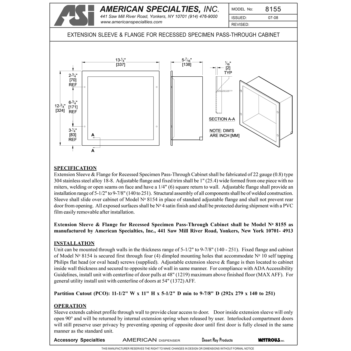 ASI 8155, Extensive Sleeve for Specimen Pass Box, 5-1/2