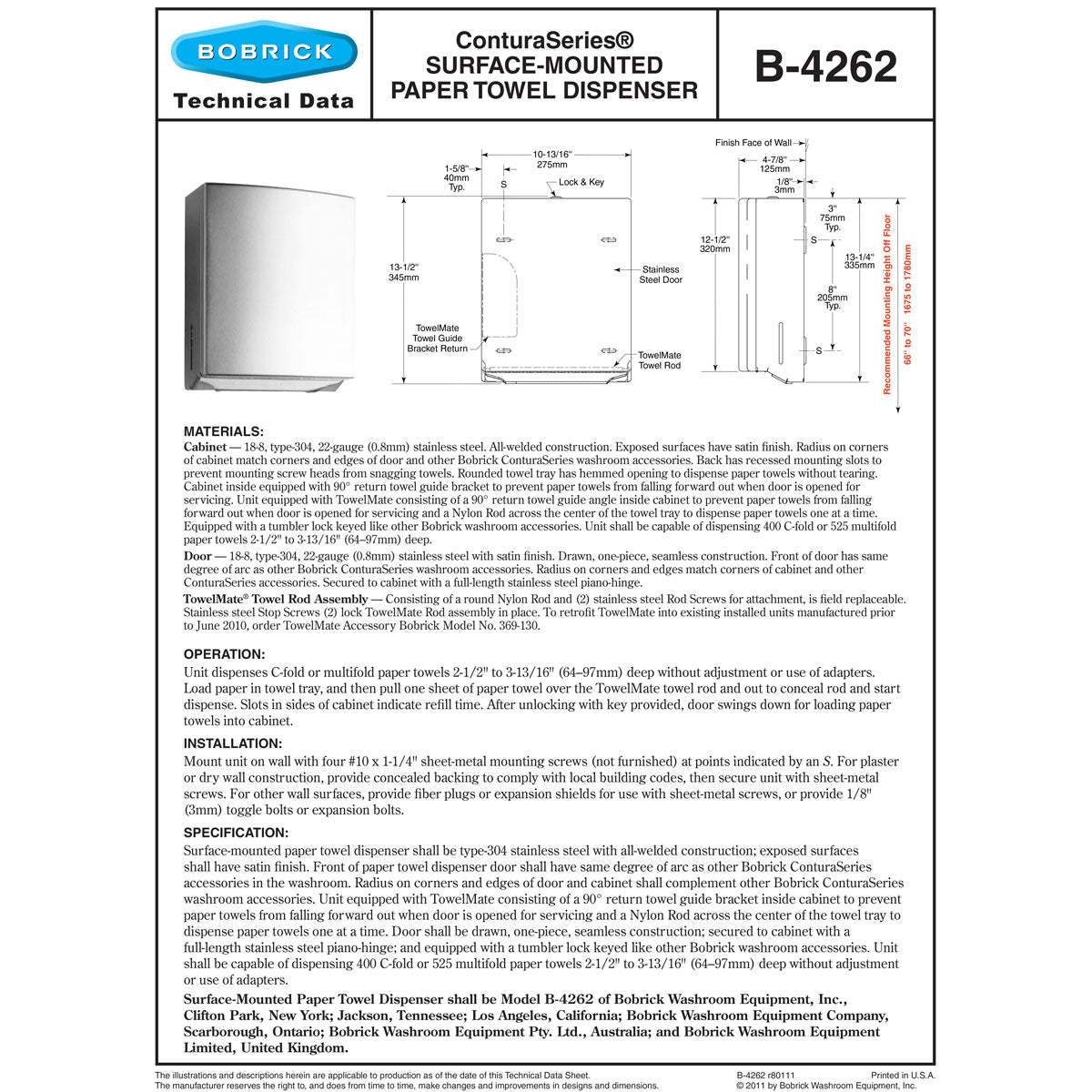 Bobrick B-4262 Contura Series Paper Towel Dispenser, Surface-Mount