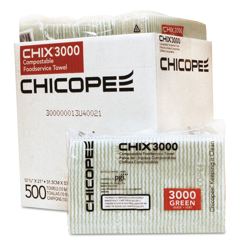 Chix Compostable Food Service Towels, 12 3/8 X 21, White W/Green Stripe, 500/Carton - CHI3000