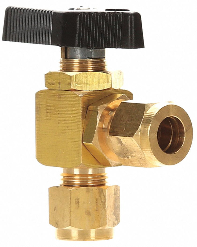 Top Brand Mini Ball Valve, Brass, Angle, 2-Piece, Tube Size 1/4 in, Connection Type Comp. x Comp. - 1WMV2