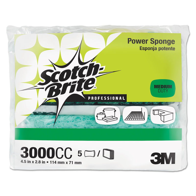 Scotch Brite Power Sponge, Teal, 2 4/5 X 4 1/2, 5/Pack - MMM3000CC