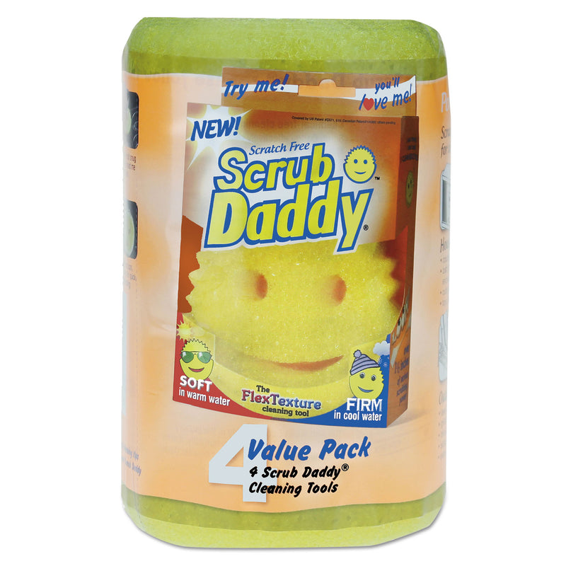 Scrub Daddy Scratch-Free Scrubbing Sponge, 4 1/8" Diameter, Yellow, Polymer Foam, 4/Pack - SCBSD4PI