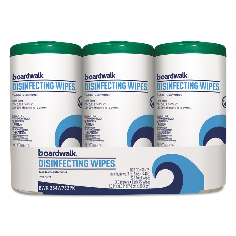 Boardwalk Disinfecting Wipes, 8 X 7, Fresh Scent, 75/Canister, 12 Canisters/Carton - BWK454W753CT