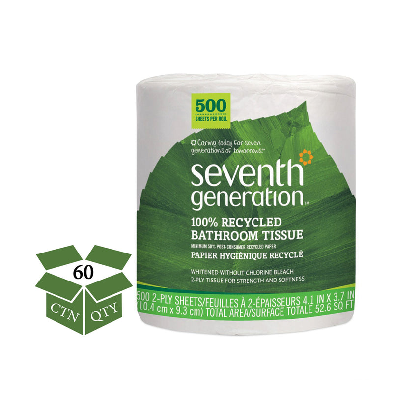 Seventh Generation 100% Recycled Bathroom Tissue, Septic Safe, 2-Ply, White, 500 Sheets/Jumbo Roll, 60/Carton - SEV137038