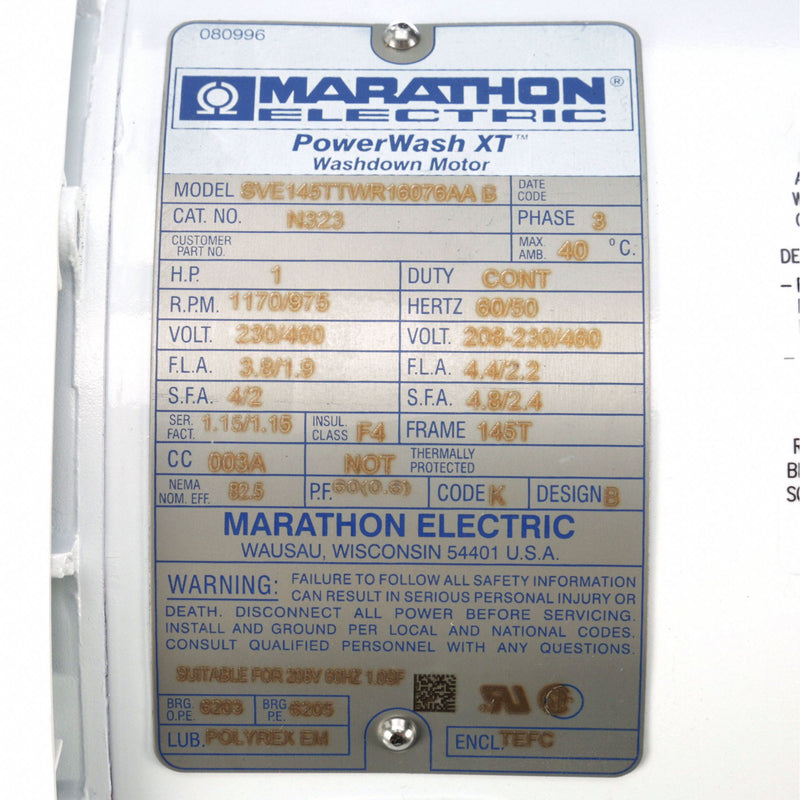 Marathon Motors 1 HP Washdown Motor,3-Phase,1170 Nameplate RPM,208-230/460 Voltage,Frame 145T - 145TTWR6076
