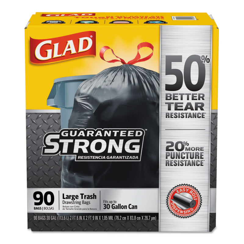 Glad Drawstring Large Trash Bags, 30 Gal, 1.05 Mil, 30" X 33", Black, 90/Carton - CLO78952