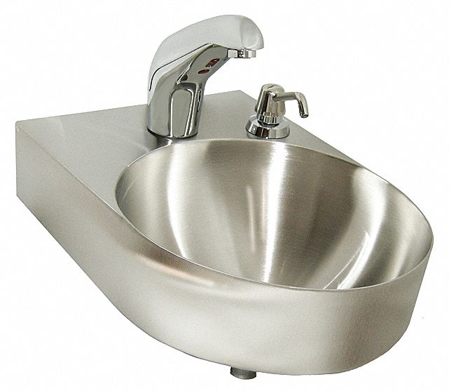 Just Manufacturing Stainless Steel, Wall, Bathroom Sink, With Faucet, Bowl Size 14 in x 14 in - WHL-14-S