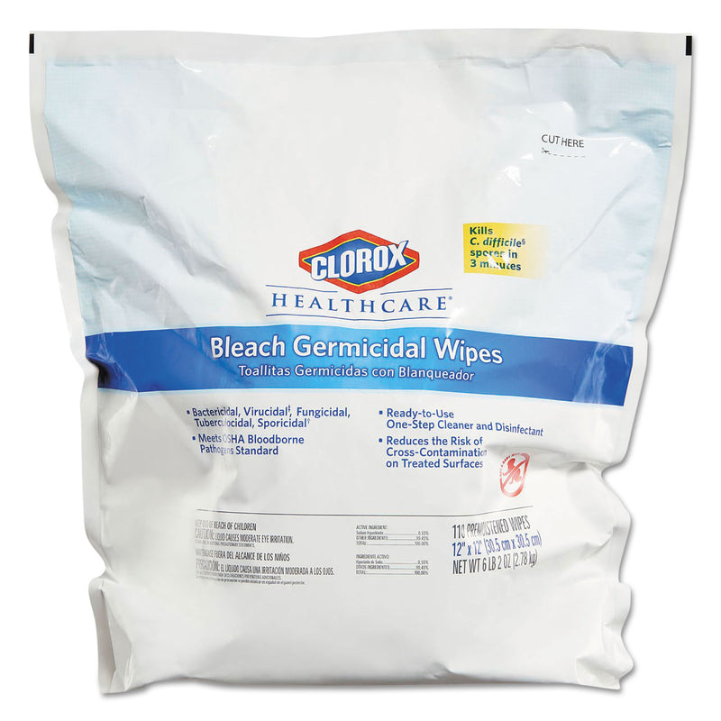 Clorox Healthcare Bleach Germicidal Wipes, 12 X 12, Unscented, 110/Bag - CLO30359