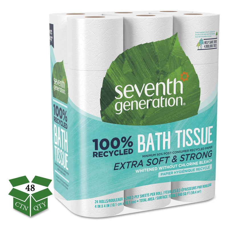 Seventh Generation 100% Recycled Bathroom Tissue, Septic Safe, 2-Ply, White, 240 Sheets/Roll, 24/Pack, 2 Packs/Carton - SEV13738CT