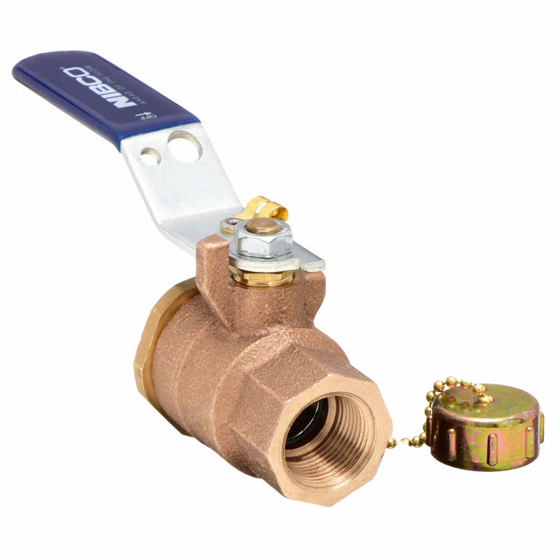 Nibco Ball Valve, Bronze, Inline, 2-Piece, Pipe Size 1/2 in, Connection Type FNPT x Hose Cap - T5857066HC 1/2
