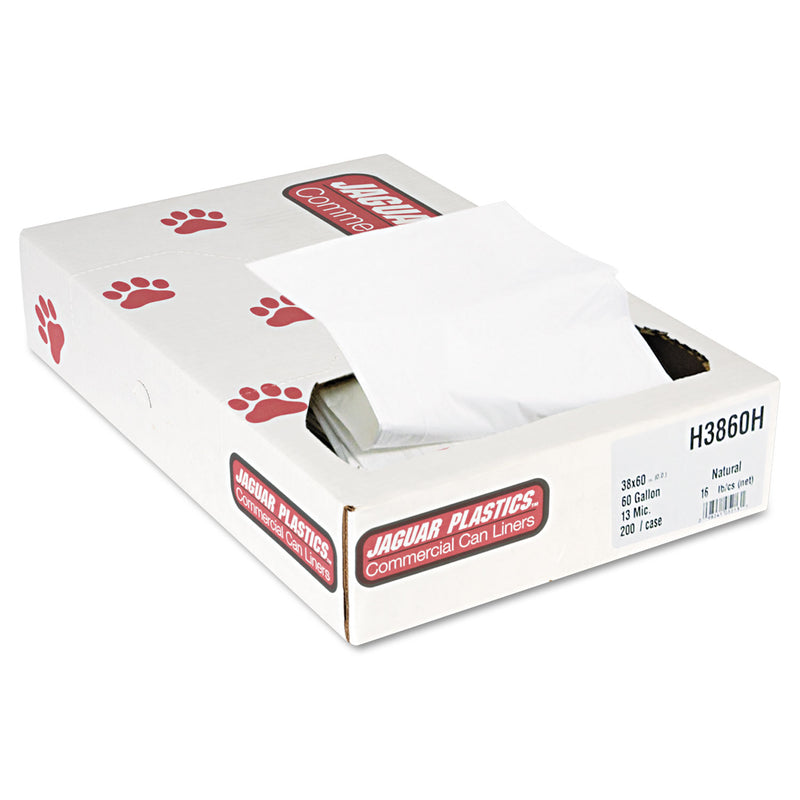 Jaguar Industrial Strength Commercial Can Liners Flat Pack, 60 Gal, 13 Microns, 38" X 60", Natural, 200/Carton - JAGH3860H