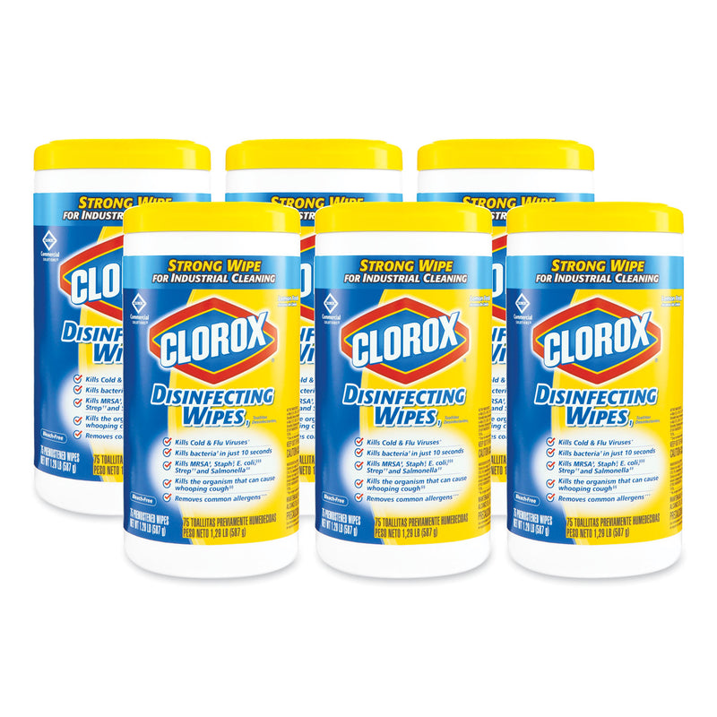 Clorox Disinfecting Wipes, 7 X 8, Lemon Fresh, 75/Canister, 6/Carton - CLO15948CT