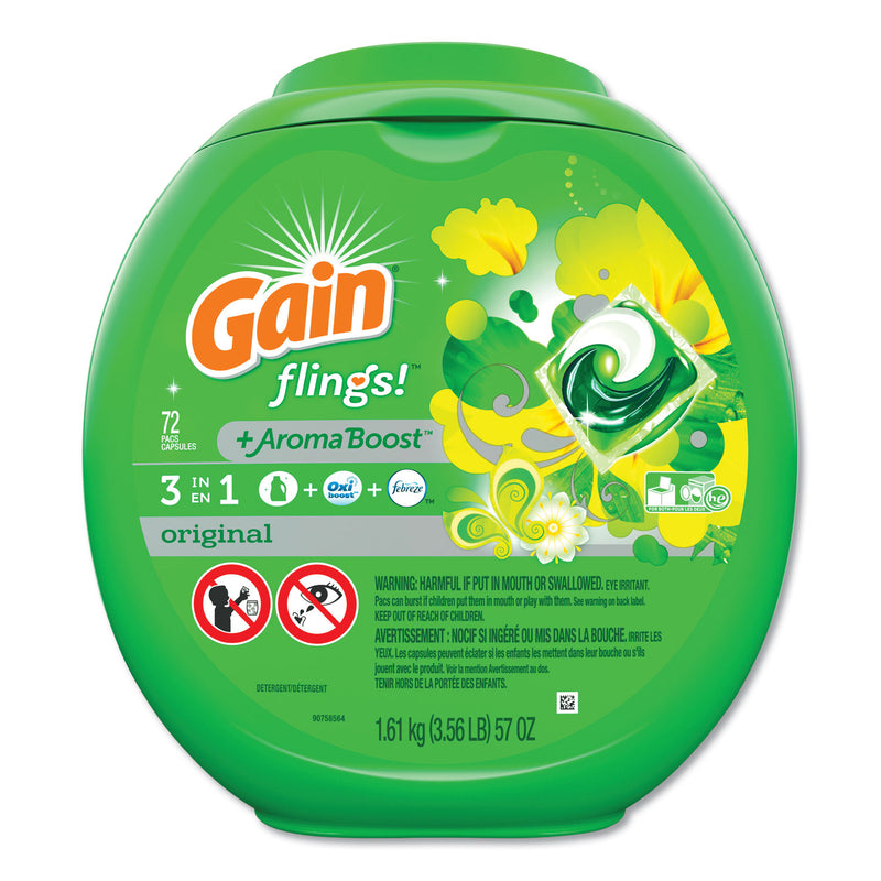 Gain Flings Detergent Pods, Original, 72/Container, 4 Container/Carton - PGC86792CT