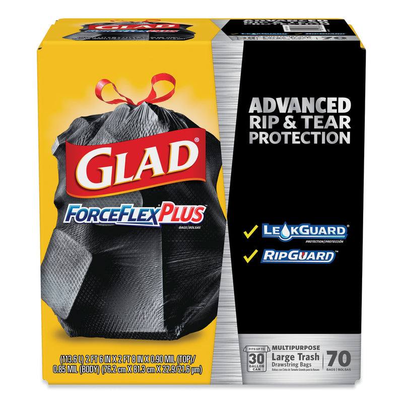 Glad Forceflexplus Drawstring Large Trash Bags, 30 Gal, 1.05 Mil, 30" X 32", Black, 70/Box - CLO70358
