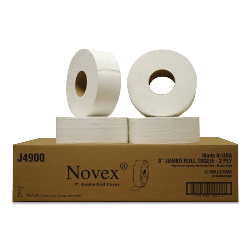 Novex 9" Jumbo Roll Bath Tissue, Septic Safe, 2-Ply, White, 3.3" X 750 Ft, 12 Rolls/Carton - GN1J4900