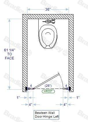 Bradley Toilet Partition, 1 Between Wall Compartment, Plastic, 36