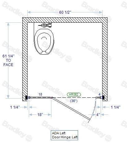 Bradley Toilet Partition, 1 ADA Between Wall Compartment, Plastic, 60