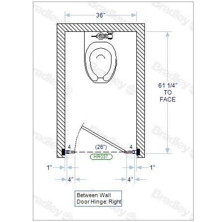 Bradley Toilet Partition, 1 Between Wall Compartment, Metal, 36