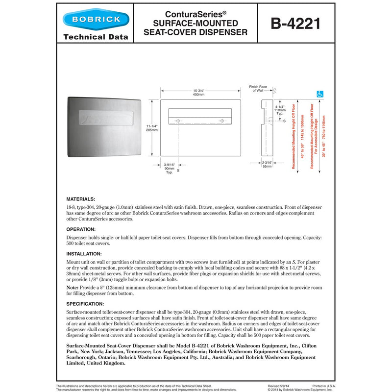 Bobrick B-4221 Commercial Stainless Steel Toilet Seat Cover Dispenser