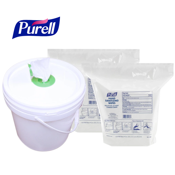 Purell Hand Sanitizing Wipes, 6" x 8", Fresh Citrus Scent, 1200/Refill Pouch, 2 Refills/Carton w/ Reusable Wet Wipe Dispenser Bucket w/ Pop-Up Plug