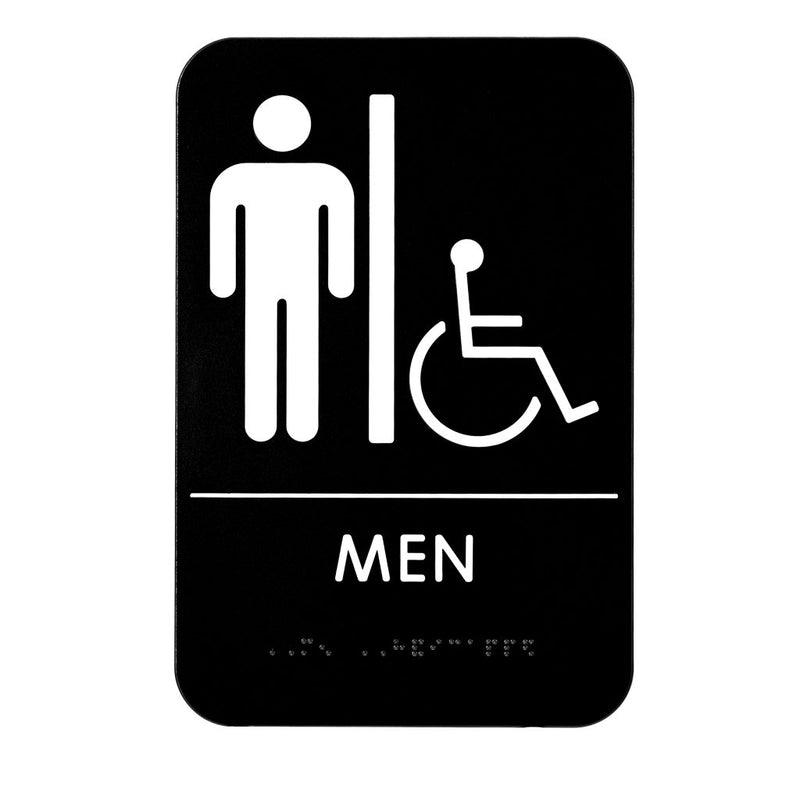Men's Braille Handicapped Restroom Sign, ADA Compliant, Black & White w/ Adhesive Strips Included, 6" X 9" - ALPSGN-2