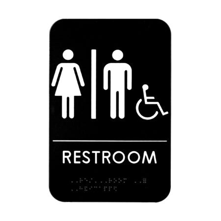 Unisex Handicap Braille Restroom Sign, ADA Compliant, Black & White w/ Adhesive Strips Included, 6