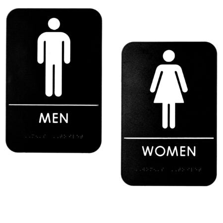 Men's and Women's Restroom Signs, Black & White w/ Adhesive Strips Included, 6
