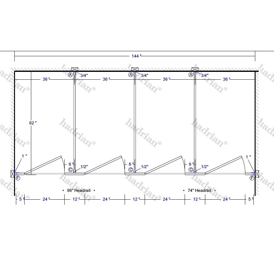 Hadrian Toilet Partition, 4 Between Wall Compartments, Plastic, 144"W x 62"D - BW43660-PL-HADRIAN