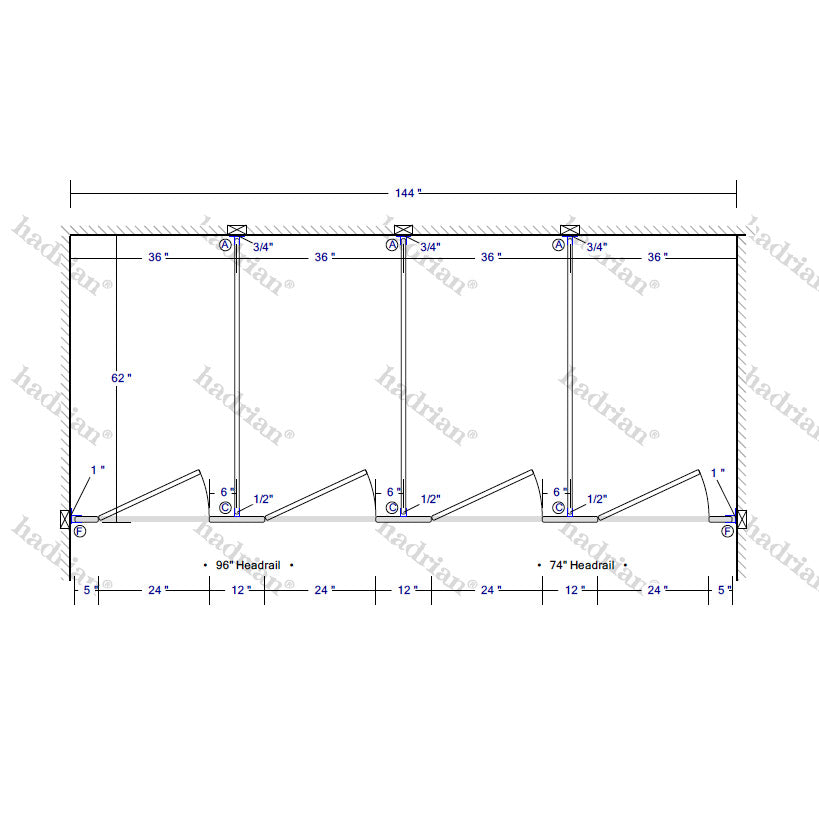Hadrian Toilet Partition, 4 Between Wall Compartments, Stainless Steel, 144"W x 62"D - BW43660-SS-HADRIAN