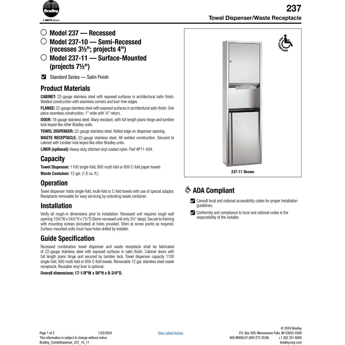 Bradley 237-11 Surface-Mounted Paper Towel Dispenser & Waste Receptacle