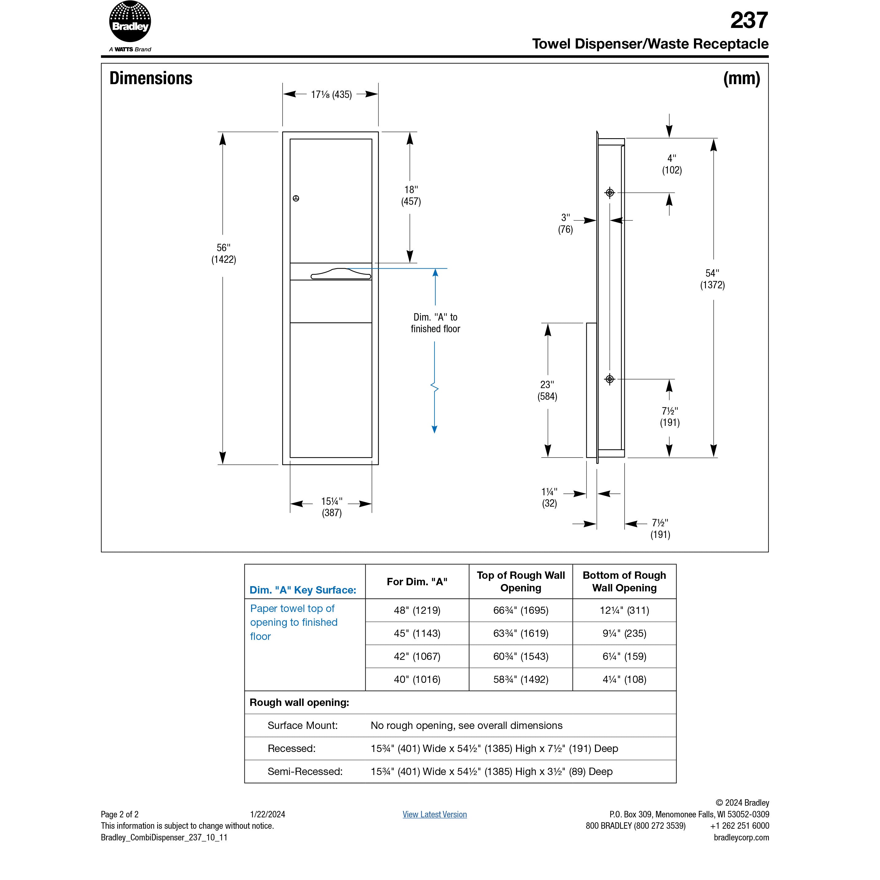 Bradley 237-11 Surface-Mounted Paper Towel Dispenser & Waste Receptacle