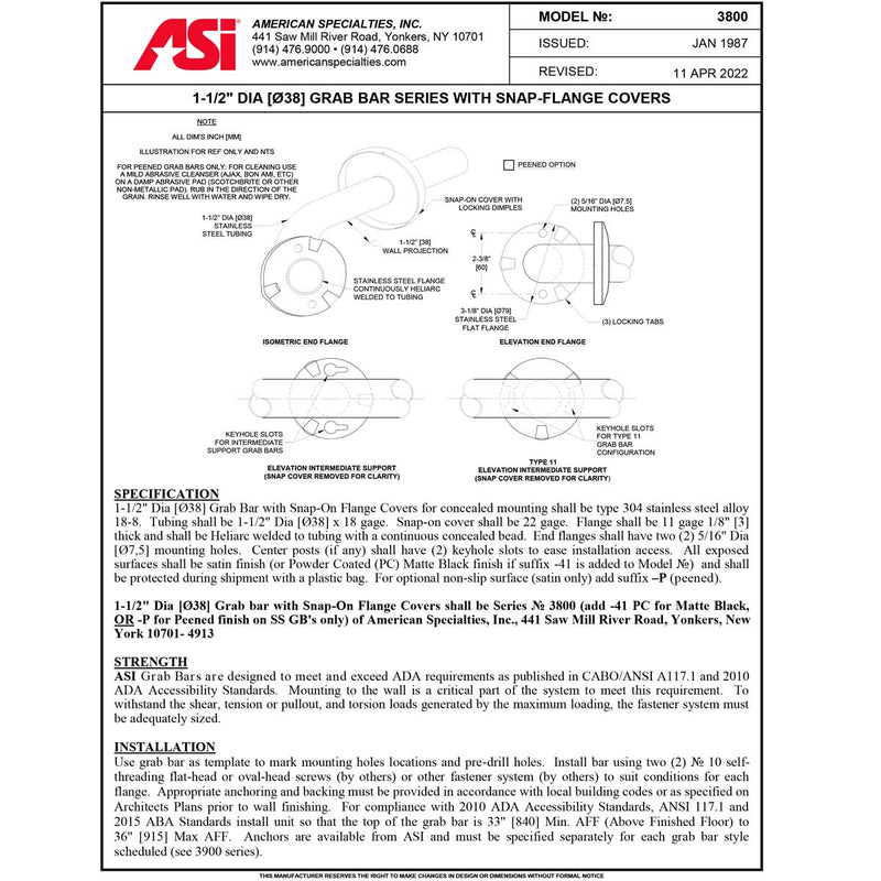 ASI 3801-42  (42 x 1.5)  1 1/2" O.D. Snap Flange, Straight Grab Bar, 42"