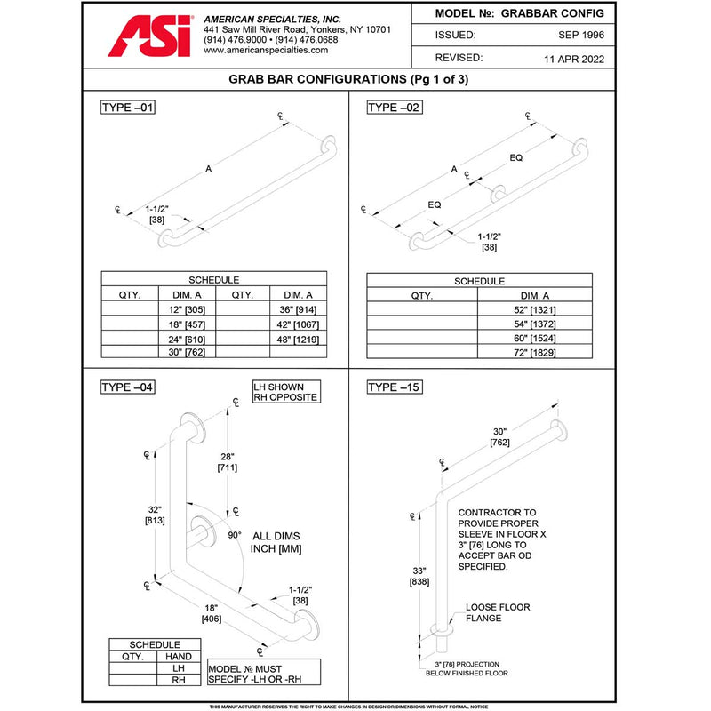 ASI 3801-42  (42 x 1.5)  1 1/2" O.D. Snap Flange, Straight Grab Bar, 42"