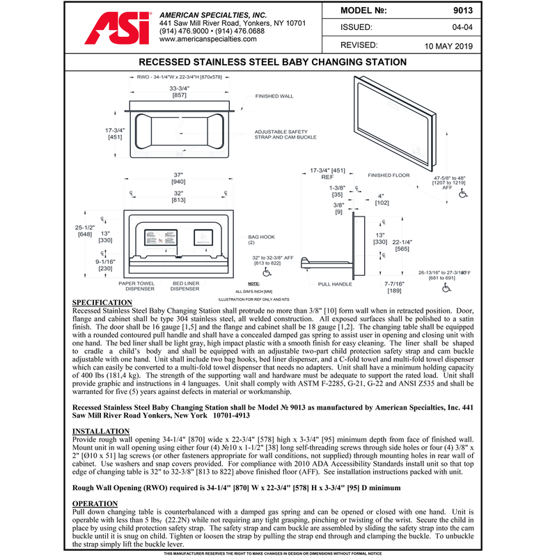 ASI 9013 Recessed Mounted Baby Changing Station, Stainless Steel