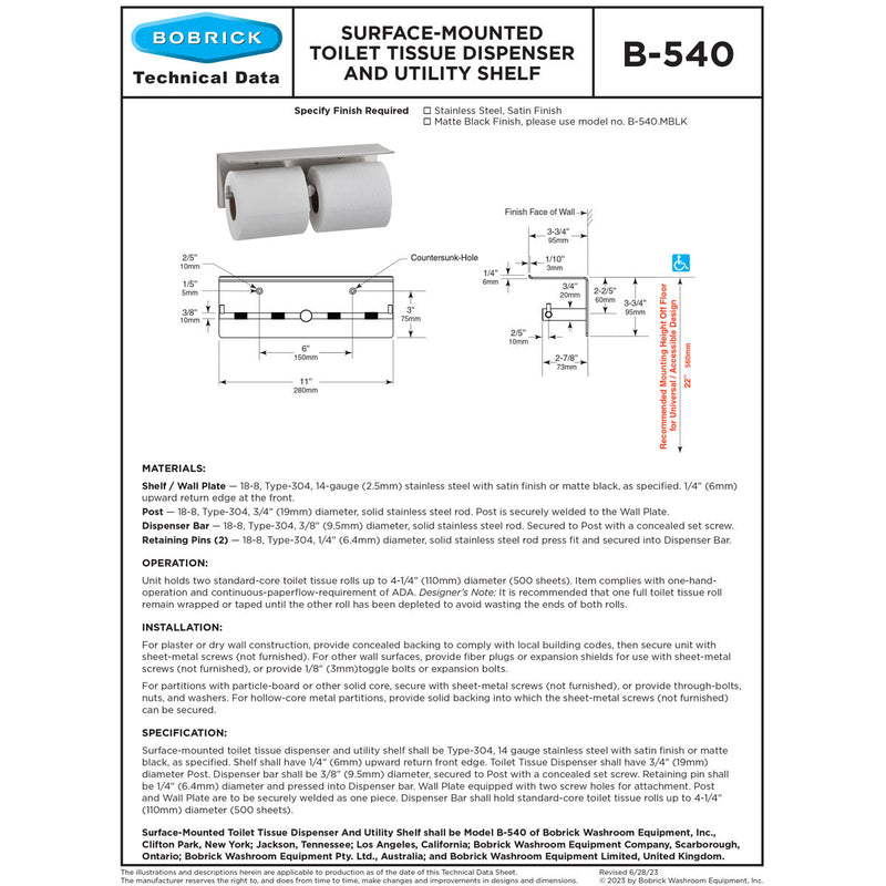 Bobrick B-76867 Surface-Mounted Toilet Tissue Dispenser For Two Rolls