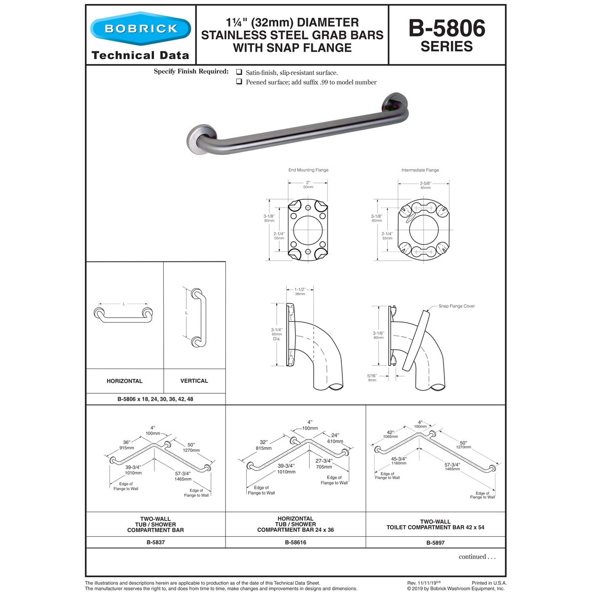Bobrick B-5806x42 (42 x 1.25) Concealed Mounting W/ Snap Flange Grab Bars