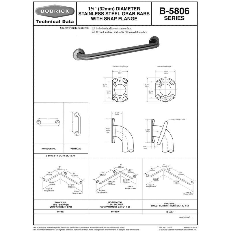 Bobrick B-5806.99x18 (18 x 1.25) Commercial Grab Bars, Concealed Mounting