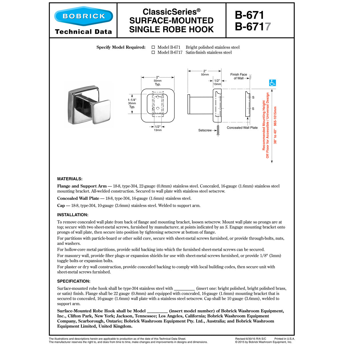 Bobrick B-6717 Commercial Stainless Steel Single Robe & Coat Hook