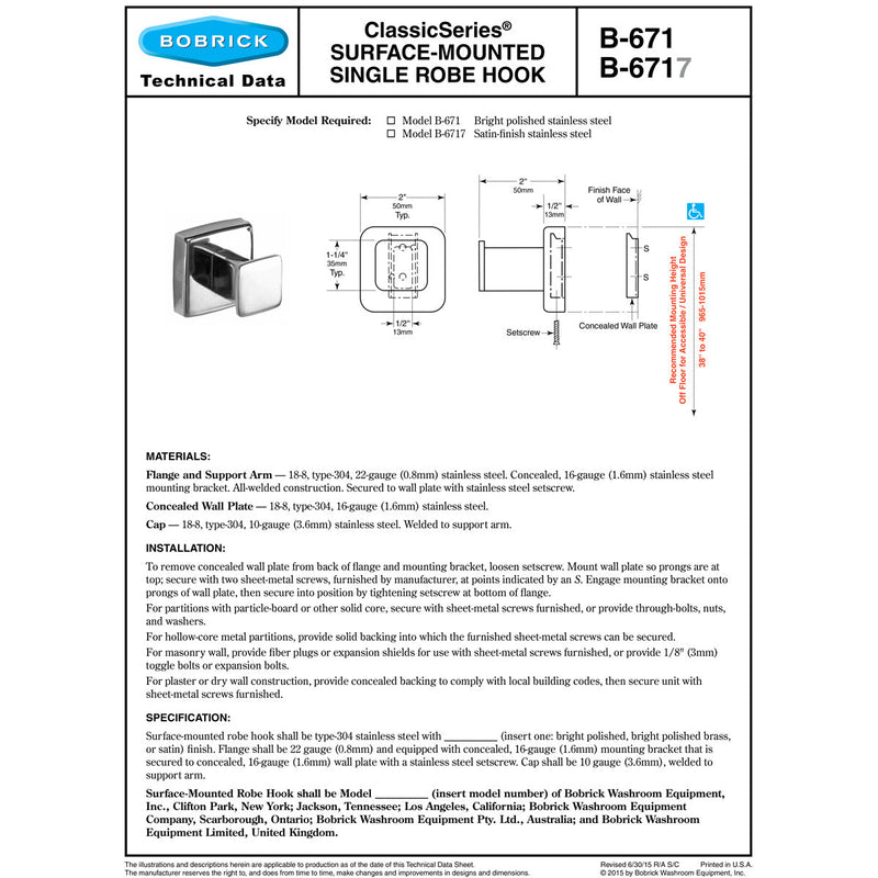 Bobrick B-6717 Commercial Stainless Steel Single Robe & Coat Hook