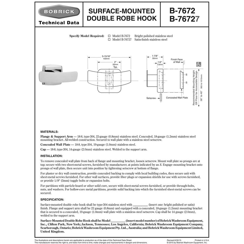 Bobrick B-7672 Stainless Steel Double Robe Hook