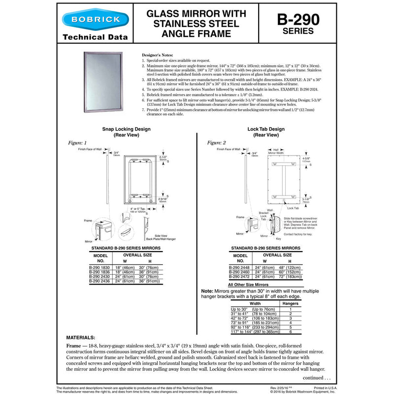 Bobrick B-290 2430 Welded-Frame Mirror 24x30