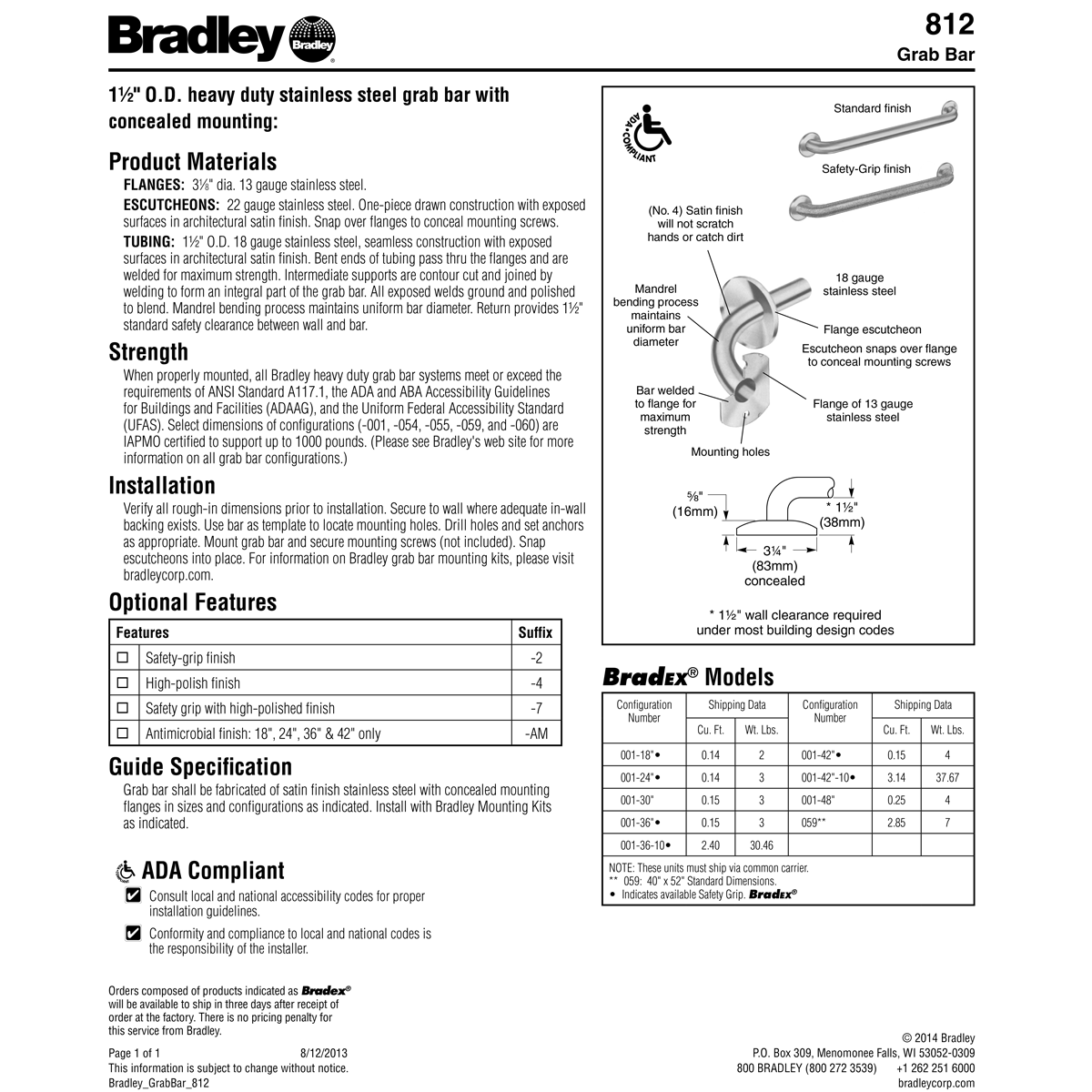 Bradley 8122-001420 (42 x 1.5) Commercial Restroom Safety Grab Bar