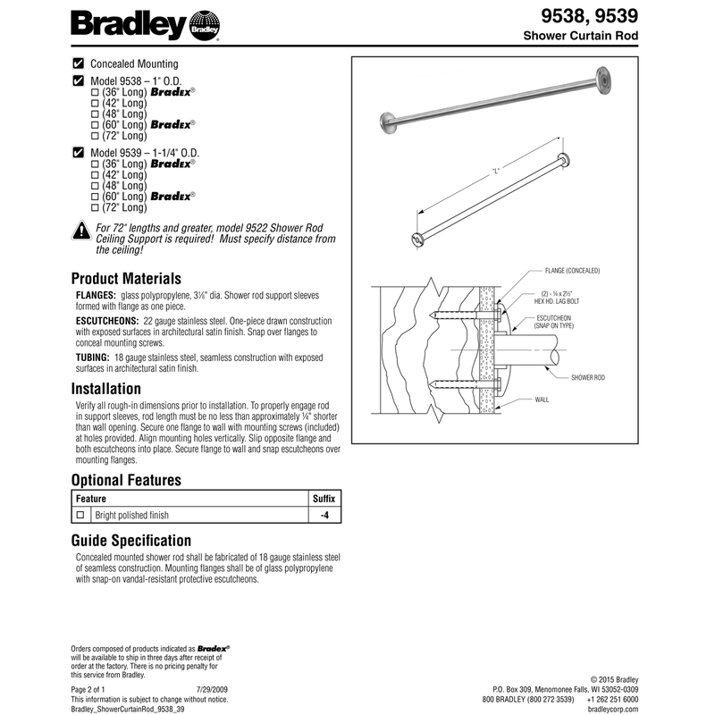 Bradley 9538-036000 Industrial Shower Curtain Rod, 36"