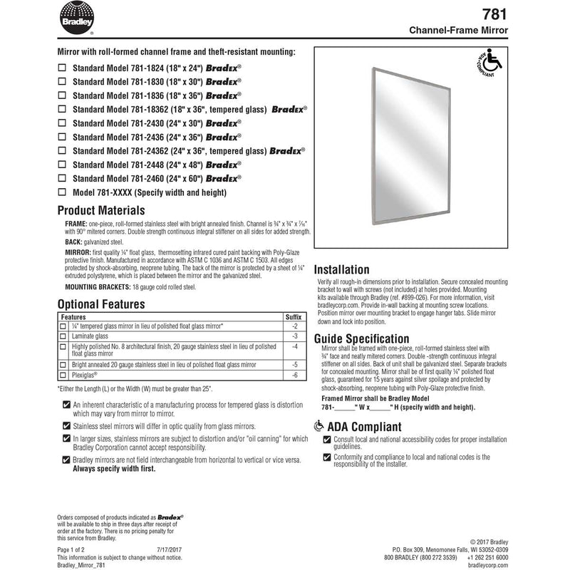 Bradley 781-024360 (24 x 36) Commercial Restroom Mirror, Channel Frame, 24x36