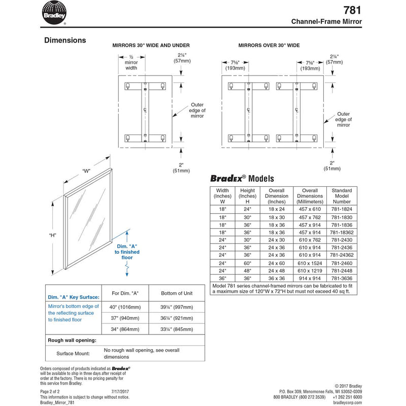 Bradley 781-024360 (24 x 36) Commercial Restroom Mirror, Channel Frame, 24x36