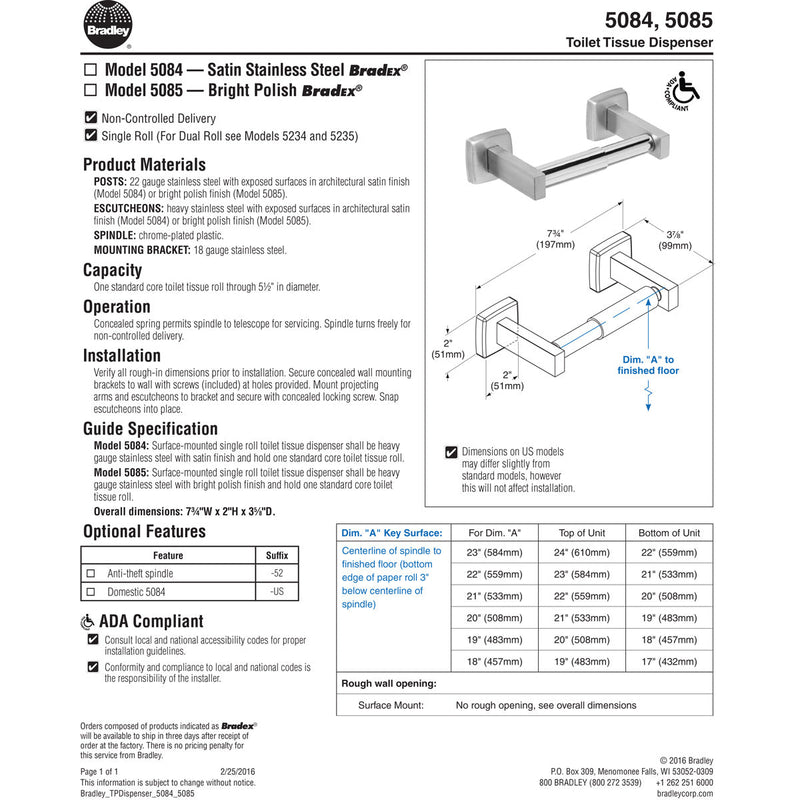 Bradley 5084-00 Toilet Tissue Dispenser, Satin SS