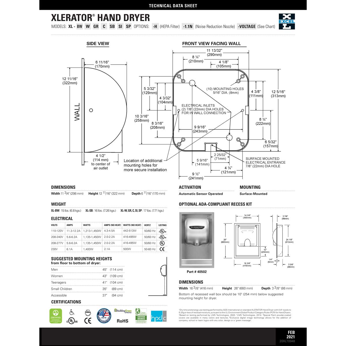 Xlerator XL-BW High Efficiency Hand Dryer, GreenSpec, White Thermoset Resin Cover