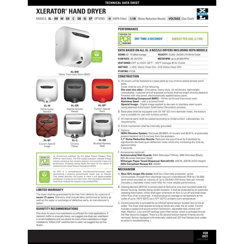 Xlerator XL-BW High Efficiency Hand Dryer, GreenSpec, White Thermoset Resin Cover