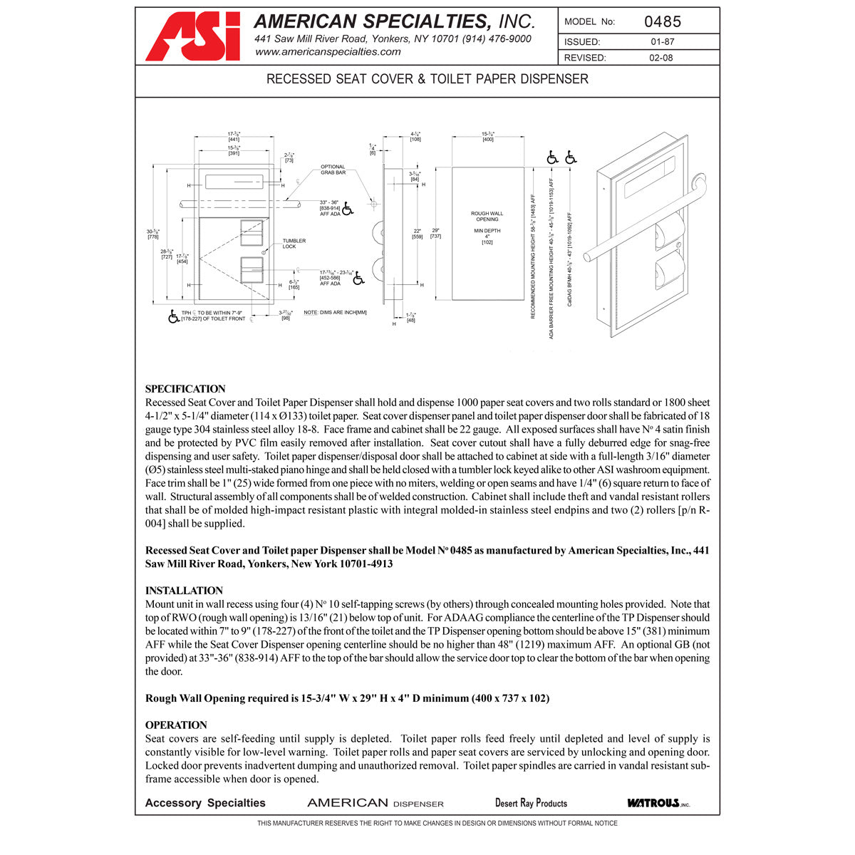 ASI 0485, Toilet Seat Cover & Toilet Paper Dispensers, Recessed