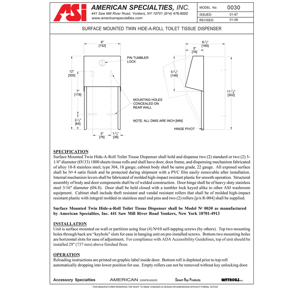 ASI 0030 Surface Mounted Dual Roll Toilet Tissue Dispenser